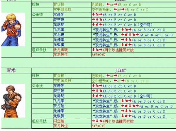 双截龙格斗出招表#双截龙2出招表图解